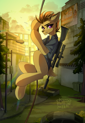 Size: 2075x3000 | Tagged: safe, artist:chamommile, derpibooru import, oc, oc only, deer, deer pony, earth pony, hybrid, original species, pony, fallout equestria, ammunition, angry face, apocalypse, clothes, commission, deer oc, earth pony oc, fallout, gun, horns, looking at you, looking back, looking back at you, non-pony oc, purple eyes, rifle, shirt, sniper, sniper rifle, solo, sunset, uniform, weapon, ych result, yellow skin