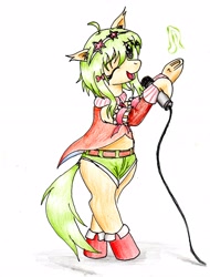 Size: 2250x2961 | Tagged: safe, artist:40kponyguy, derpibooru exclusive, derpibooru import, earth pony, pony, bipedal, boots, clothes, cute, ear fluff, ears, female, gumi, head tilt, hoof hold, jacket, looking at you, mare, microphone, one eye closed, ponified, shoes, shorts, simple background, solo, species swap, sunglasses, traditional art, underhoof, vocaloid