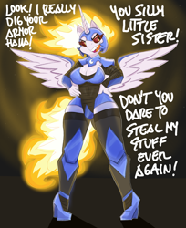 Size: 2600x3193 | Tagged: safe, artist:flutterthrash, derpibooru import, daybreaker, princess celestia, alicorn, anthro, plantigrade anthro, g4, armor, bra-breaker, breasts, cleavage, clothes, clothes swap, dialogue, eyeshadow, fangs, high heels, high res, horn, implied nightmare moon, lidded eyes, makeup, nightmare moon armor, open mouth, princess breastia, shoes, wings
