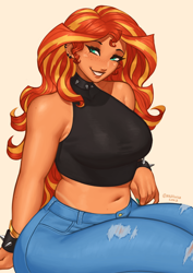 Size: 1754x2480 | Tagged: safe, artist:nire, derpibooru import, sunset shimmer, human, equestria girls, g4, bare shoulders, belly button, bracelet, breasts, choker, clothes, denim, ear piercing, earring, eyeshadow, freckles, jeans, jewelry, looking at you, makeup, nail polish, pants, peppered bacon, piercing, sitting, smiling, smiling at you, spiked choker, spiked wristband, sunset jiggler, tan lines, tanned, torn clothes, wristband