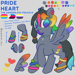 Size: 4096x4096 | Tagged: safe, artist:metaruscarlet, derpibooru import, oc, oc:pride heart, pegasus, pony, anklet, bandaid, bandaid on nose, bracelet, color palette, colored wings, dog tags, ear piercing, earring, genderless, gradient eyes, gradient hair, gray background, jewelry, leg band, multicolored eyes, multicolored hair, multicolored wings, necklace, nonbinary, nonbinary pride flag, open mouth, open smile, pansexual pride flag, pegasus oc, piercing, polyamory pride flag, pride, pride flag, pronouns, rainbow hair, rainbow wings, raised hoof, raised leg, reference sheet, simple background, smiling, solo, spread wings, standing, wings, wristband