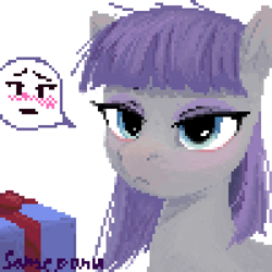 Size: 500x500 | Tagged: safe, artist:some_ponu, derpibooru import, maud pie, earth pony, pony, g4, blushing, bust, female, mare, pixel art, present, simple background, speech bubble, white background