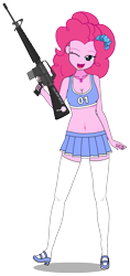 Size: 639x1351 | Tagged: safe, artist:edy_january, derpibooru import, edit, pinkie pie, human, better together, equestria girls, g4, assault rifle, belly button, cheerleader, clothes, geode of sugar bombs, gun, humanized, kisekae, lollipop chainsaw, lollipop rifle, m16, magical geodes, midriff, miniskirt, parody, reference, rifle, shirt, shoes, simple background, skirt, solo, stockings, thigh highs, transparent background, trigger discipline, vector, vector edit, vulgar description, weapon