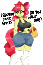 Size: 2800x4247 | Tagged: safe, artist:flutterthrash, derpibooru import, apple bloom, anthro, earth pony, g4, annoyed, apple, apple bloomed, basket, big breasts, bow, breasts, cleavage, clothes, dialogue, female, food, hair bow, high res, lidded eyes, mare, midriff, narrowed eyes, older, older apple bloom, shorts, simple background, socks, solo, thigh highs, unamused, white background, wide hips