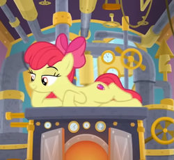 Size: 505x464 | Tagged: safe, derpibooru import, screencap, apple bloom, earth pony, pony, growing up is hard to do, cropped, older, older apple bloom, smiling, solo, steam engine