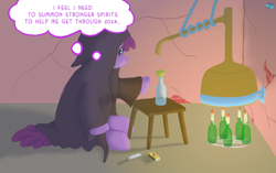 Size: 800x501 | Tagged: safe, artist:quint-t-w, derpibooru import, berry punch, berryshine, pony, 2024, alcohol, basement, bottle, candle, cape, chalk, clothes, distillation, distiller, drink, matches, pentagram, solo, thinking, thought bubble