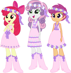 Size: 1280x1308 | Tagged: safe, artist:octosquish7260, derpibooru import, apple bloom, scootaloo, sweetie belle, human, a canterlot wedding, equestria girls, apple bloom's bow, bow, clothes, cutie mark crusaders, dress, female, flower, flower girl, flower girl dress, flower in hair, hair bow, hands together, open mouth, open smile, simple background, smiling, transparent background, trio