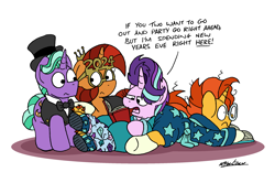 Size: 2700x1688 | Tagged: safe, artist:bobthedalek, derpibooru import, firelight, starlight glimmer, stellar flare, sunburst, pony, unicorn, g4, bathrobe, book, butt pillow, clothes, dress, father and child, father and daughter, female, glasses, hat, jewelry, kite, male, messy mane, mother and child, mother and son, new years eve, pajamas, parent and child, robe, slippers, suit, that pony sure does love kites, tiara, top hat