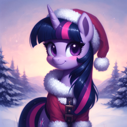 Size: 2048x2048 | Tagged: safe, ai content, derpibooru import, generator:bing image creator, machine learning generated, twilight sparkle, unicorn twilight, pony, unicorn, blushing, christmas, clothes, costume, female, fir tree, hat, holiday, looking at you, mare, outdoors, prompter:krivovyaz, santa costume, santa hat, smiling, smiling at you, snow, solo, tree, winter