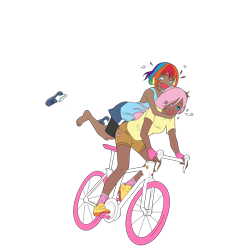 Size: 3072x3072 | Tagged: safe, artist:cryweas, artist:icicle-wicicle-1517, color edit, derpibooru import, edit, fluttershy, rainbow dash, human, collaboration, g4, alternate hairstyle, barefoot, bicycle, clothes, colored, compression shorts, dark skin, discarded clothing, duo, feet, female, fingerless gloves, flutterdash, gloves, hair over one eye, holding on, hug, humanized, lesbian, open mouth, personality swap, scared, scaredy dash, shipping, shirt, shoes, shorts, simple background, sneakers, socks, starry eyes, swirly eyes, t-shirt, tanktop, transparent background, wingding eyes