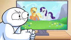 Size: 1366x768 | Tagged: safe, artist:theodd1sout, derpibooru import, edit, edited screencap, screencap, applejack, rarity, earth pony, human, pony, unicorn, g4, animated at source, animation before computers (theodd1sout), duo, episode reference, eyebrows, fist, james (theodd1sout), looking at each other, looking at someone, pony cameo, raised eyebrow, reference, video at source, youtube, youtube link