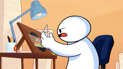 Size: 1366x768 | Tagged: safe, artist:theodd1sout, derpibooru import, rarity, human, pony, unicorn, g4, animated at source, animation before computers (theodd1sout), barely pony related, desk, james (theodd1sout), lamp, mug, pony cameo, solo, video at source, youtube, youtube link