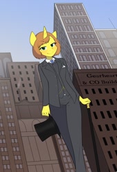 Size: 868x1280 | Tagged: safe, artist:furrgroup, derpibooru import, oc, oc only, oc:copper gearheart cog, anthro, unicorn, cane, city, clothes, female, hat, looking at you, short hair, solo, suit, top hat