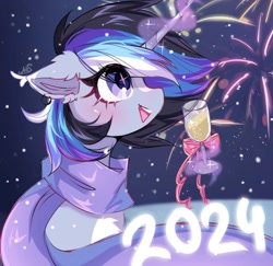 Size: 1057x1028 | Tagged: safe, artist:freyamilk, derpibooru import, oc, oc only, oc:candy star, pony, unicorn, bow, champagne glass, clothes, female, fireworks, glowing, glowing horn, happy new year, happy new year 2024, holiday, horn, levitation, looking up, magic, mare, open mouth, open smile, scarf, smiling, solo, telekinesis