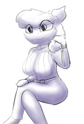 Size: 1297x1924 | Tagged: safe, artist:ismyaltaccount, derpibooru import, octavia melody, anthro, big breasts, breasts, clothes, female, looking at you, simple background, sitting, sketch, solo, sweater, white background, wip