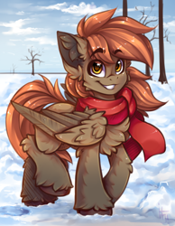 Size: 1200x1544 | Tagged: safe, artist:falafeljake, derpibooru import, oc, oc only, oc:winterlight, pegasus, pony, chest fluff, clothes, ear fluff, ears, eyebrows, eyebrows visible through hair, fluffy, folded wings, looking at you, pegasus oc, race swap, scarf, smiling, smiling at you, snow, snowpony (species), solo, taiga pony, unshorn fetlocks, wings, winter, yakutian horse