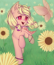 Size: 1772x2119 | Tagged: safe, artist:lony, derpibooru import, oc, bat pony, butterfly, pony, flower, solo, sunflower