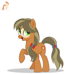 Size: 2500x2500 | Tagged: safe, artist:r4hucksake, derpibooru import, oc, oc only, oc:evercrisp pip, earth pony, pony, bow, female, high res, mare, open mouth, ponytail, raised hoof, raised leg, simple background, smiling, solo, transparent background