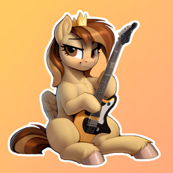 Size: 2048x2048 | Tagged: safe, ai content, derpibooru import, generator:easyfluff v11.2, generator:stable diffusion, machine learning generated, oc, oc:prince whateverer, pegasus, ambiguous gender, crown, electric guitar, gradient background, guitar, high res, jewelry, male, musical instrument, pegasus oc, photoshop, prompter:felixx, regalia, sitting, stallion