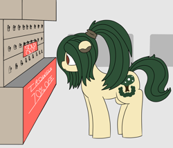 Size: 1750x1500 | Tagged: safe, artist:allhallowsboon, derpibooru import, oc, oc only, oc:myrtle remedy, earth pony, pony, colored, disappointed, ears, female, floppy ears, green hair, hair over one eye, hairband, mare, ponytail, red eyes, solo, store, text, yellow coat