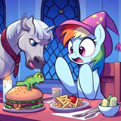Size: 1024x1024 | Tagged: safe, ai content, derpibooru import, generator:dall-e 3, machine learning generated, rainbow dash, gecko, horse, lizard, pony, unicorn, animal, bowl, burger, candle, chair, cutlery, drink, drinking glass, female, food, fork, french fries, glass, hamburger, hat, indoors, knife, mare, necktie, no context, open mouth, prompter needed, table, tomato, wat, window, wingless, wizard hat