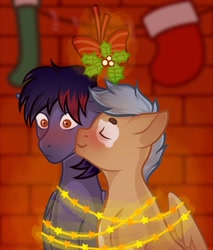 Size: 1333x1562 | Tagged: safe, alternate version, artist:vatutina, derpibooru import, oc, oc only, oc:dawn chaser, oc:onyx, pegasus, pony, blurry background, blushing, christmas, christmas lights, christmas stocking, coat markings, commission, duo, eyes closed, gay, heart, holiday, kiss on the cheek, kissing, male, male oc, mistleholly, oc x oc, pegasus oc, shipping, stallion, stallion oc, two toned mane, wide eyes, wings, ych result