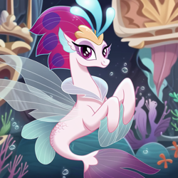 Size: 1024x1024 | Tagged: safe, ai content, derpibooru import, generator:pony diffusion v6 xl, generator:purplesmart.ai, generator:stable diffusion, machine learning generated, queen novo, seapony (g4), g4, my little pony: the movie, bubble, crown, cute, dorsal fin, ears, eyelashes, eyeshadow, female, fin, fin wings, fins, fish tail, floppy ears, flowing mane, flowing tail, jewelry, looking at you, lying down, makeup, ocean, prompter:dreaming dusk, purple eyes, regalia, seaquestria, seashell, smiling, smiling at you, solo, swimming, throne room, underwater, water, wings