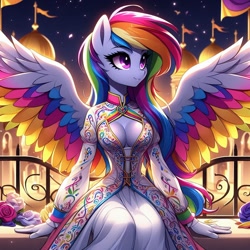 Size: 1024x1024 | Tagged: safe, ai content, derpibooru import, generator:dall-e 3, machine learning generated, rainbow dash, anthro, beautiful, boob window, breasts, cleavage, clothes, colored wings, colored wingtips, curvy, dress, flag, flower, gloves, hourglass figure, night, rainbow dash always dresses in style, side view, skirt, stars, wings