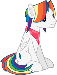 Size: 3102x4076 | Tagged: safe, artist:frownfactory, derpibooru import, oc, oc:stratagem, pegasus, pony, 2024 community collab, clothes, derpibooru community collaboration, male, multicolored hair, pegasus oc, rainbow hair, scarf, simple background, sitting, stallion, transparent background, vector, wings