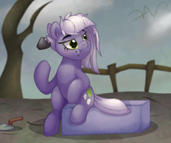 Size: 1830x1530 | Tagged: safe, artist:swasfews, derpibooru import, limestone pie, earth pony, pony, g4, crumbs, eating, female, fence, mare, rock farm, sitting, snack, solo, tree