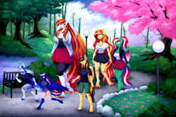 Size: 1800x1200 | Tagged: safe, artist:scarlet-spectrum, derpibooru import, sunset shimmer, oc, oc:diamond sun, oc:hawker hurricane, oc:spring wind, oc:thunderbolt sentinel, anthro, pegasus, unguligrade anthro, unicorn, breasts, busty oc, cleavage, clothes, commission, female, horn, looking at each other, looking at someone, male, miniskirt, skirt, sunset jiggler, wings