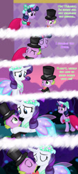 Size: 1280x2839 | Tagged: safe, artist:deannaphantom13, derpibooru import, rarity, spike, twilight sparkle, unicorn twilight, dragon, pony, unicorn, a canterlot wedding, g4, ^^, bowtie, bridesmaid dress, bridesmaid rarity, canterlot gardens, clothes, comic, cute, daaaaaaaaaaaw, dancing, dress, eyes closed, female, forgiveness, hat, hoof on chest, hug, kiss on the lips, kissing, looking at each other, looking at someone, looking down, male, shipping, smiling, smiling at each other, sparity, straight, suit, top hat, trio, wholesome