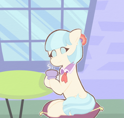 Size: 2000x1908 | Tagged: safe, artist:wavestoyall, derpibooru import, coco pommel, earth pony, pony, g4, coffee, sitting, solo