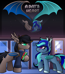 Size: 2700x3085 | Tagged: safe, artist:andaluce, derpibooru import, oc, oc only, oc:black night, oc:blackie, oc:moonlight selene, bat pony, pony, chest fluff, clothes, cover art, cute, duo, ear fluff, ear piercing, earring, ears, facial markings, female, heart, high res, jewelry, male, mare, necklace, piercing, school, smiling, stallion, wings