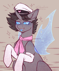 Size: 2850x3460 | Tagged: safe, artist:fallenvixen, derpibooru import, oc, oc only, oc:rosie clockwork, changeling, pony, blue eyes, clothes, ear fluff, ears, feminine stallion, hair, hat, high res, neckerchief, shading, simple background, socks, solo, tongue, tongue out, wings