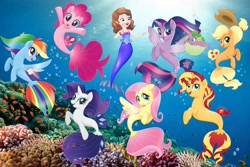 Size: 3000x2000 | Tagged: safe, artist:aaliyah_rosado, artist:user15432, derpibooru import, applejack, fluttershy, pinkie pie, rainbow dash, rarity, spike, sunset shimmer, twilight sparkle, twilight sparkle (alicorn), alicorn, earth pony, fish, mermaid, pegasus, sea pony, seapony (g4), unicorn, my little pony: the movie, spoiler:my little pony the movie, amulet, bubble, coral, coral reef, cowboy hat, crossover, crown, fin wings, fins, hat, jewelry, mermaid princess, mermaid tail, mermaidized, mermay, necklace, ocean, open mouth, open smile, princess sofia, puffer fish, regalia, seaponified, seapony applejack, seapony fluttershy, seapony pinkie pie, seapony rainbow dash, seapony rarity, seapony sunset, seapony twilight, smiling, sofia the first, species swap, spike the pufferfish, swimming, underwater, wings