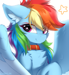 Size: 3500x3800 | Tagged: safe, artist:lunylin, derpibooru import, rainbow dash, pegasus, pony, g4, bust, chest fluff, collar, colored eyebrows, cute, dashabetes, ear fluff, ears, eye clipping through hair, eyebrows, eyebrows visible through hair, female, high res, looking at you, mare, simple background, smiling, smiling at you, solo, spread wings, starry eyes, white background, wingding eyes, wings