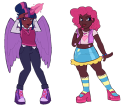 Size: 7000x6000 | Tagged: safe, artist:sheepchops, derpibooru import, pinkie pie, sci-twi, twilight sparkle, human, equestria girls, g4, alicorn humanization, alternate hairstyle, belly button, bracelet, clothes, converse, dark skin, denim, duo, female, high heels, horn, horned humanization, humanized, jeans, jewelry, kneesocks, lesbian, midriff, pants, shipping, shirt, shoes, simple background, skirt, socks, striped socks, sweater vest, t-shirt, transparent background, twinkie, winged humanization, wings