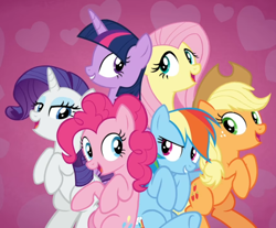 Size: 996x824 | Tagged: safe, derpibooru import, screencap, applejack, fluttershy, pinkie pie, rainbow dash, rarity, twilight sparkle, twilight sparkle (alicorn), alicorn, pony, all bottled up, g4, best friends until the end of time, bipedal, cropped, group, mane six, open mouth, smiling