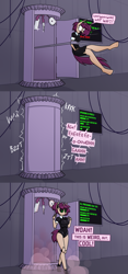 Size: 1941x4149 | Tagged: safe, artist:moonatik, derpibooru import, oc, oc only, oc:timetable, anthro, bat pony, hybrid, pony, robot, robot pony, unguligrade anthro, unicorn, 3 panel comic, bat pony oc, bat pony unicorn, blood, bonesaw, cables, clothes, comic, horn, roboticization, sawblade, screen, skirt, speech bubble, transformation, transformation sequence, unicorn oc