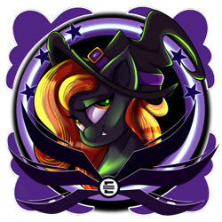 Size: 1500x1500 | Tagged: safe, artist:starcasteclipse, derpibooru import, oc, oc only, oc:spirit harvest, hybrid, pegasus, pony, bust, commission, ear fluff, ears, fangs, female, halloween, hat, holiday, mare, simple background, smiling, solo, transparent background, witch hat, ych result