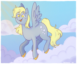 Size: 1800x1500 | Tagged: safe, artist:mokeonn, derpibooru import, derpy hooves, pegasus, pony, g4, blush scribble, blushing, cute, derpabetes, female, flying, mare, open mouth, open smile, sky background, smiling, solo, unshorn fetlocks