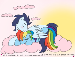 Size: 953x720 | Tagged: safe, artist:dasher666, artist:mlp-hatersgonnahate, derpibooru import, edit, rainbow dash, soarin', pegasus, pony, g4, cloud, female, male, on a cloud, shipping, smiling, soarindash, straight