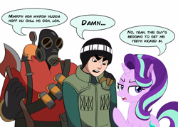 Size: 2048x1463 | Tagged: safe, artist:sardonicfactory, derpibooru import, starlight glimmer, human, pony, unicorn, g4, axe, crossover, dialogue, female, hand on shoulder, i think we're gonna have to kill this guy, mare, meme, naruto, naruto: shippūden, pyro, reformed starlight, rock lee, simple background, team fortress 2, weapon, white background