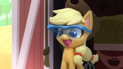 Size: 1920x1080 | Tagged: safe, derpibooru import, screencap, applejack, earth pony, pony, g4, g4.5, my little pony: stop motion short, barn, cute, goggles, safety goggles, smiling