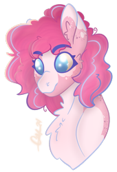 Size: 901x1322 | Tagged: safe, artist:trashpanda czar, derpibooru import, pinkie pie, pony, g4, body markings, bust, cheek fluff, chest fluff, ear fluff, ears, hair bun, poofy mane, portrait, simple background, transparent background