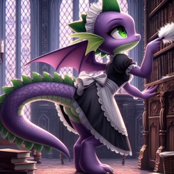 Size: 1024x1024 | Tagged: safe, ai content, derpibooru import, generator:dall-e 3, machine learning generated, spike, dragon, g4, book, bookshelf, butt, clothes, crossdressing, dragon tail, dragon wings, duster, dusting, indoors, lusty baby dragon maid, maid, maid spike, male, prompter:tyto4tme4l, solo, tail, window, winged spike, wings