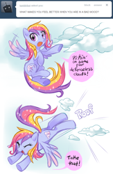 Size: 638x978 | Tagged: safe, artist:centchi, derpibooru import, oc, oc only, oc:glittering cloud, pegasus, pony, ask, bucking, cloud, cloud busting, eyes closed, open mouth, open smile, smiling, speech bubble