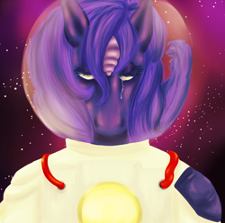 Size: 1280x1272 | Tagged: safe, artist:paiganism, derpibooru import, princess luna, alicorn, semi-anthro, g4, bust, female, helmet, lidded eyes, mare, sad, solo, spacesuit, stars, teary eyes