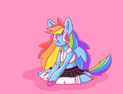 Size: 1280x983 | Tagged: safe, artist:paiganism, derpibooru import, rainbow dash, pegasus, semi-anthro, g4, :p, bandaid, clothes, female, kneeling, mare, pink background, simple background, skirt, solo, tongue, tongue out